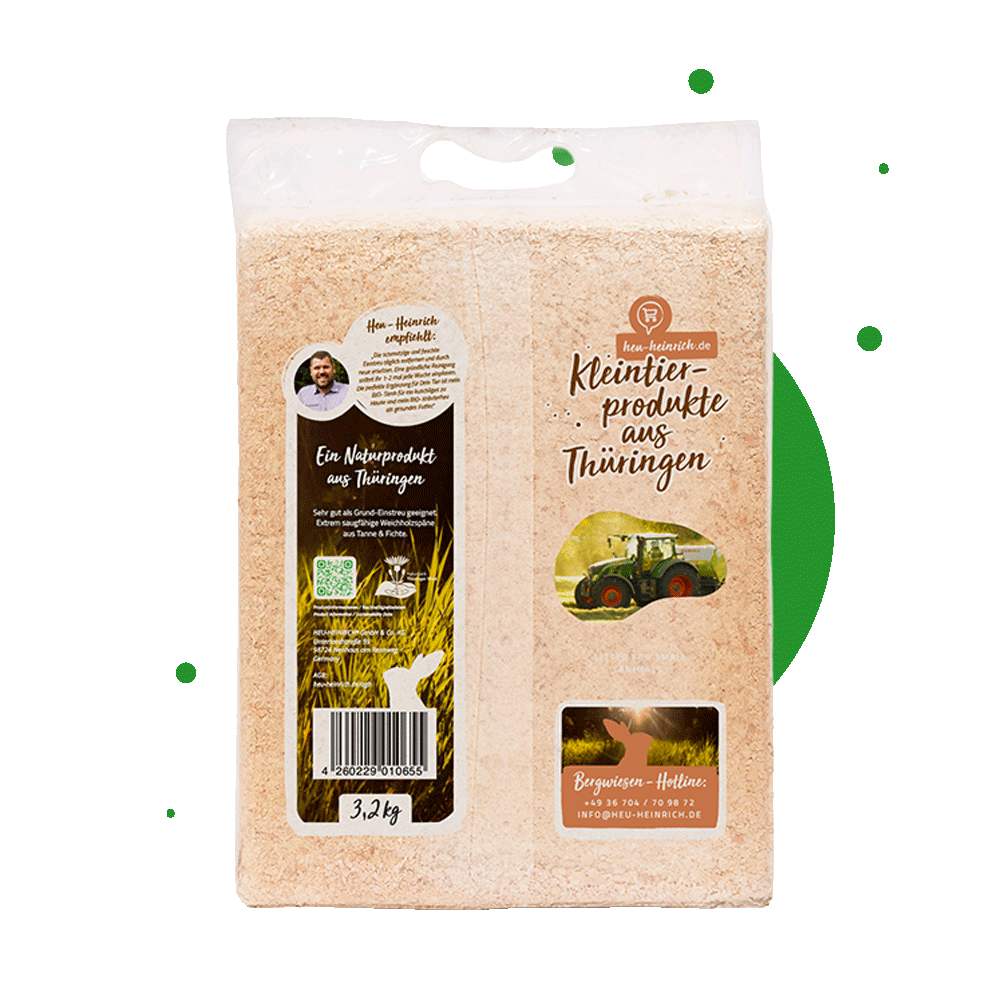 Heu-Heinrich Kleintierstreu 3,2 kg – Rückseite der Verpackung mit Produktinfos