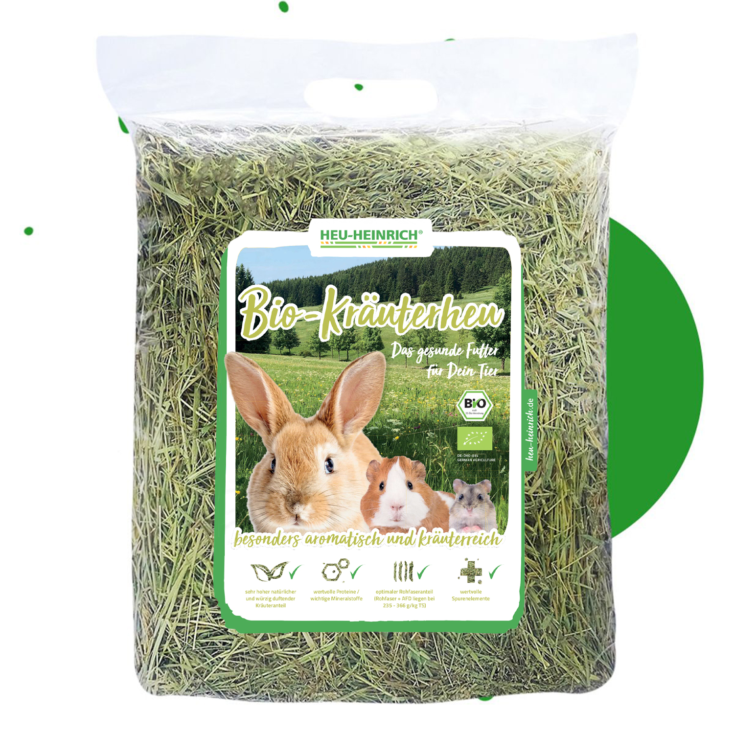 1kg Bio-Kräuterheu von Heu-Heinrich für Kaninchen, Meerschweinchen und Hamster im transparenten Beutel