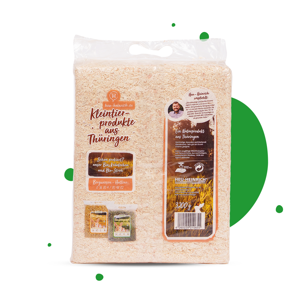 Heu-Heinrich Kleintierstreu 3,2 kg – Rückseite der Verpackung mit Produktinfos