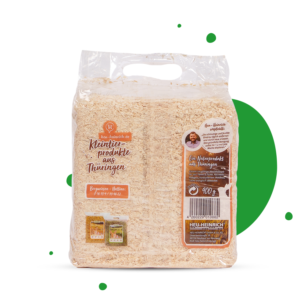 Heu-Heinrich Kleintierstreu 900 g – Rückseite der Verpackung mit Produktdetails und Anwendungshinweisen