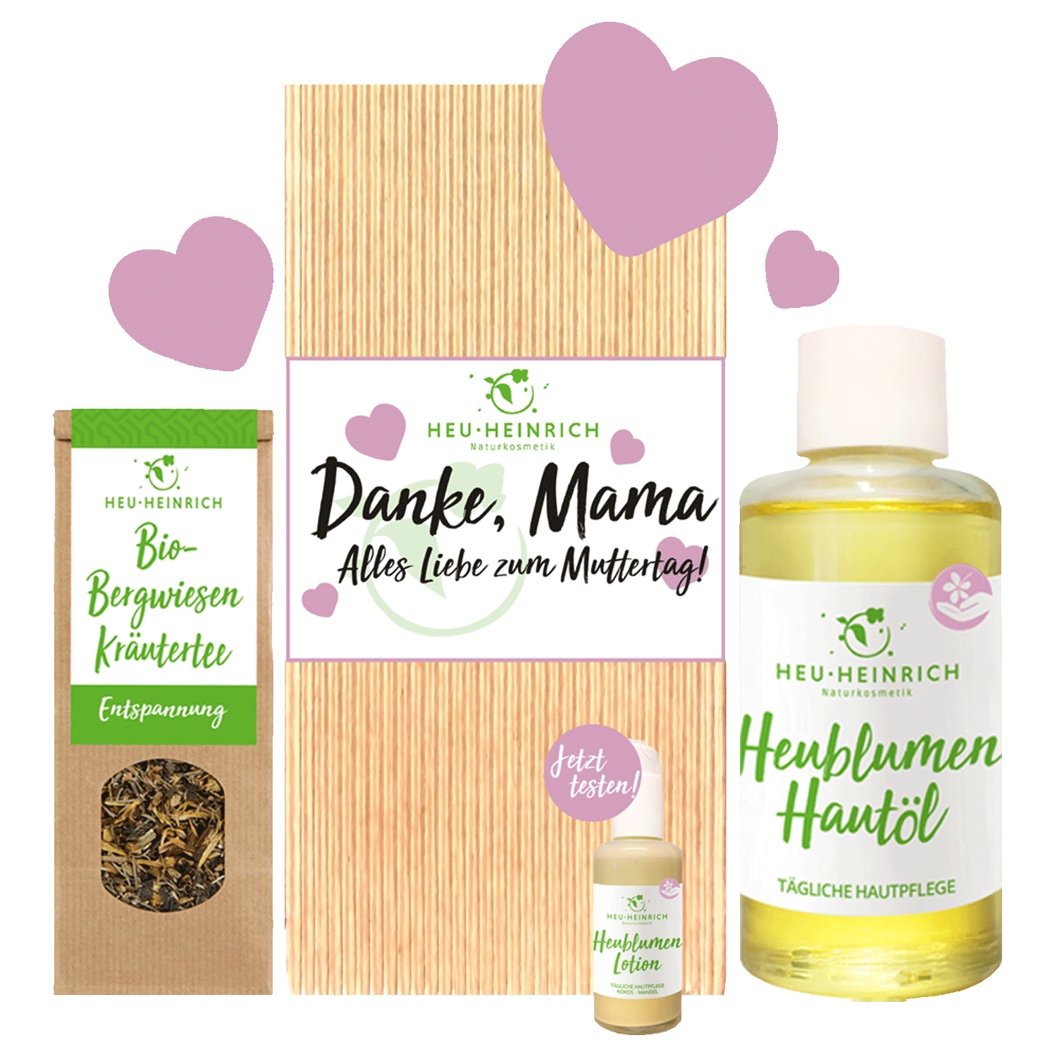 Zeigt das Set "Danke, Mama" mit Muttertags-Verpackung,Bergwiesen Kräutertee, Heublumen Hautöl und -Lotion (Lotion als Probegröße)